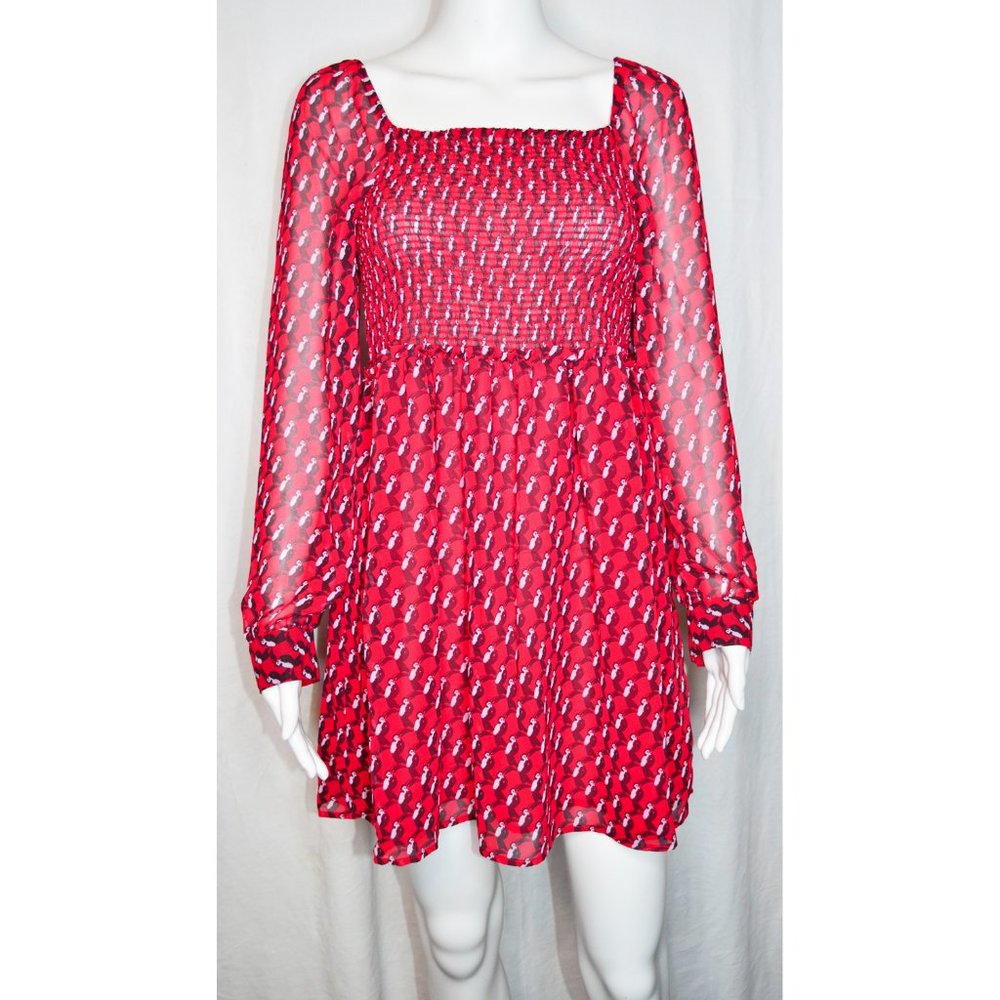 Avec Les Filles Juliet Smocked Toucan Bird Long Sleeve Mini Dress Red Size M